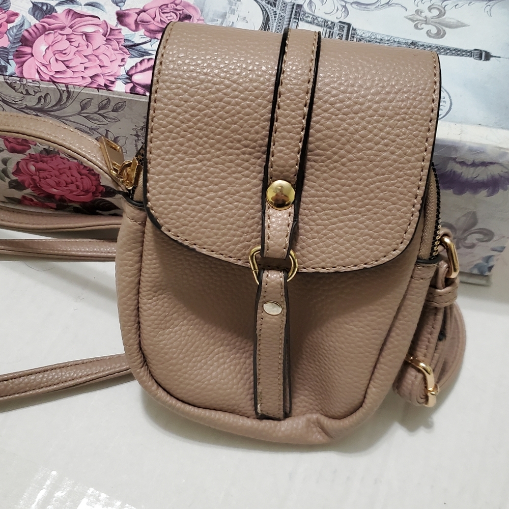 Pebbled Faux Leather Camera Case Style Tan Mini Crossbody Bag